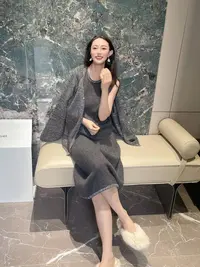 慵懒老钱套装 灰色珠片针织开衫外套+长裙秋冬上衣