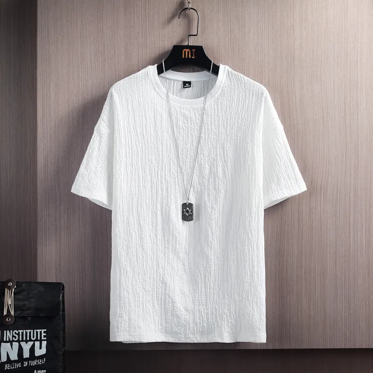 殿若褶皱肌理感冰丝t恤男士夏季薄款打底衫宽松半袖体恤男士短袖