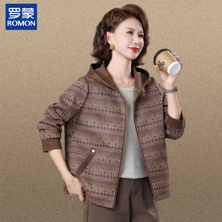 罗蒙时尚妈妈秋装印花连帽外套新款中老年女春秋季阔太太秋季上衣