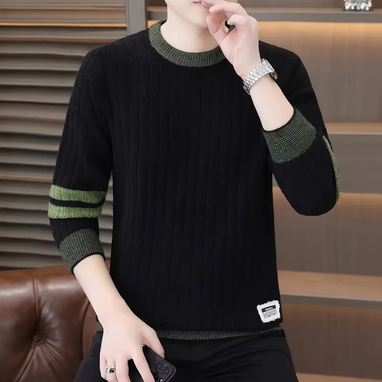 CQV毛衣男款潮流撞色条纹圆领针织衫高档轻奢打底衫加厚保暖内搭