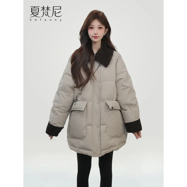 夏梵尼云雾松林冬季新款90白鸭绒羽绒服翻领加厚气质百搭拼接外套