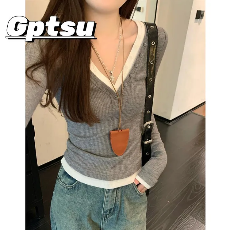 GPTSu个性潮流韩版打底衫女2025秋撞色钮扣设计感假两件绝美上衣