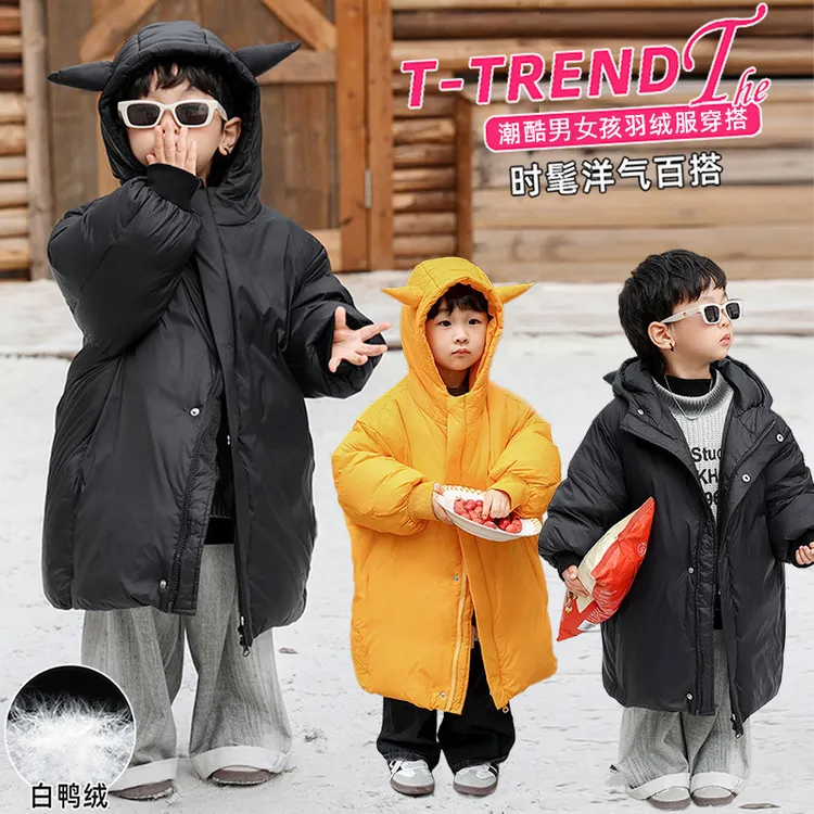 男童连帽羽绒服儿童白鸭绒小恶魔中长款宝宝冬装宽松女童宝宝外套