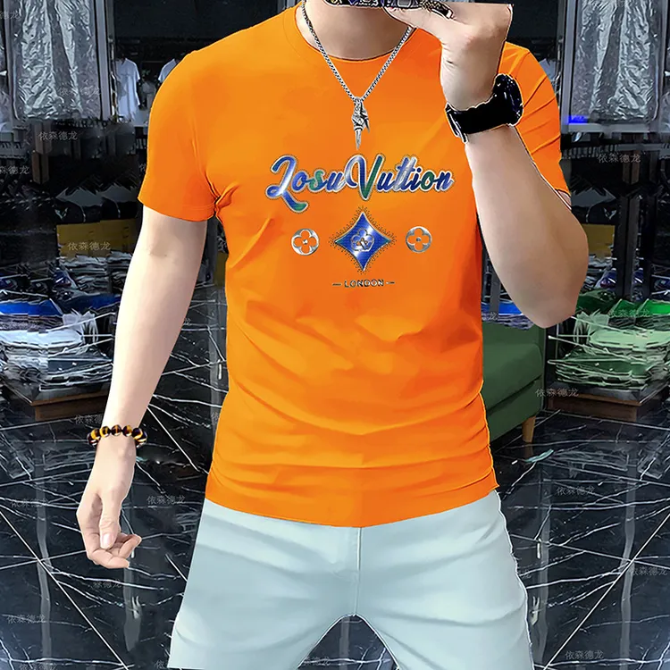 战沐男士短袖T恤新款夏季印花烫钻时尚重工压花轻奢圆领潮流帅气