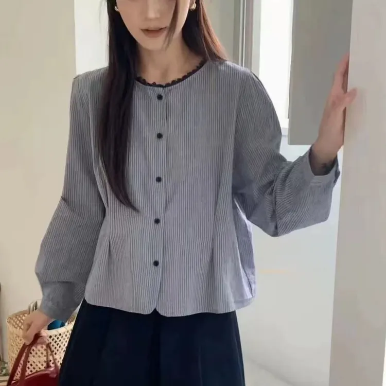 【棉】撞色花边圆领细条纹长袖衬衣韩版宽松气质百搭纯棉衬衫122