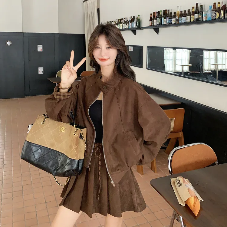 美式休闲甜酷风穿搭女2025新款秋季麂皮绒外套高腰百褶短裙两件套