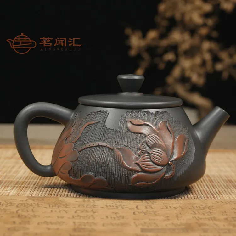 茗闻汇-建水紫陶-全手-雅致系-浮雕双面荷花石瓢球孔-茶壶茶具