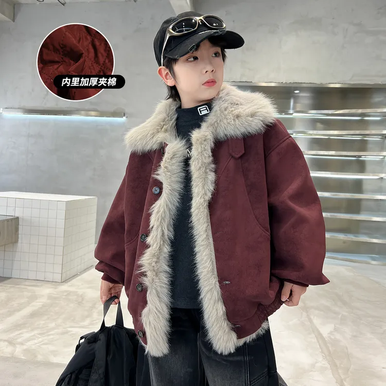 儿童加绒皮毛一体外套冬季毛领夹棉加厚上衣25新款大男童帅气夹棉