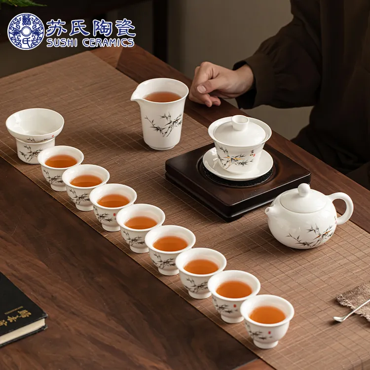 羊脂玉瓷三才盖碗西施壶福竹茶具套装