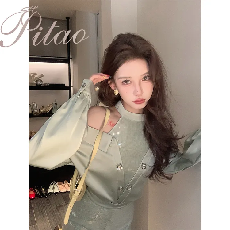 杜屁屁桃PITAO原创【碧水人鱼姬】设计感小众假两件露肩上衣+亮片裙