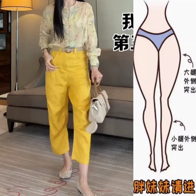 景倩妮高级感休闲麻裤2025年夏季薄款小个子高腰显瘦八分直筒裤子