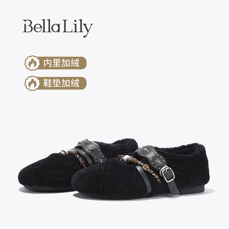 BellaLily2025冬季新款精致毛毛鞋女复古异域风平底鞋玛丽珍单鞋