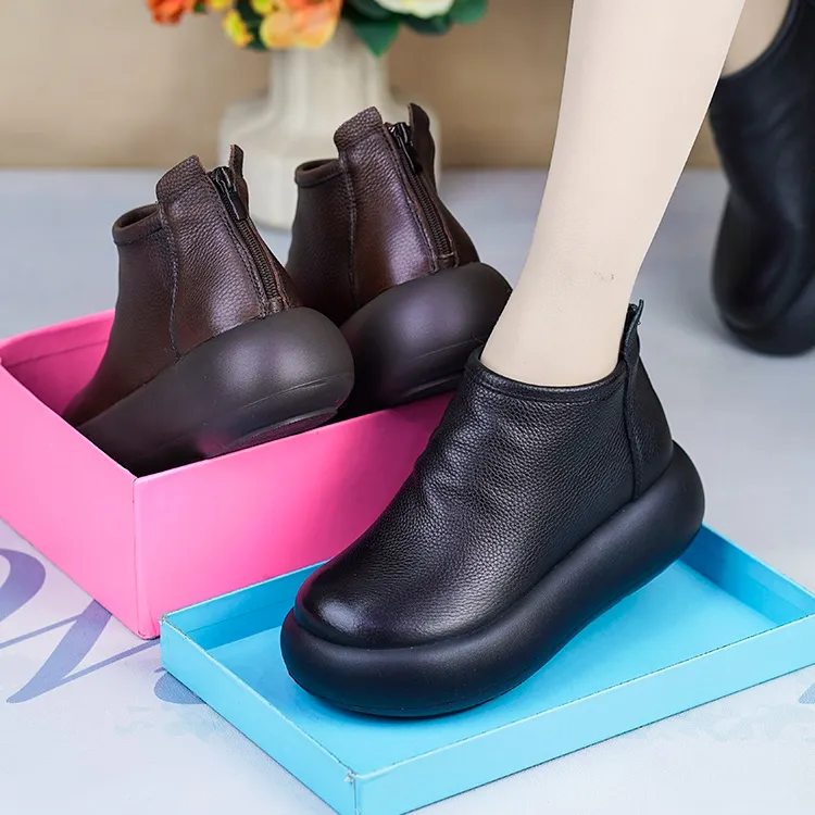 NP68-2062-1秋冬新厚底短靴女款真皮马丁靴女加绒牛皮复古女单鞋