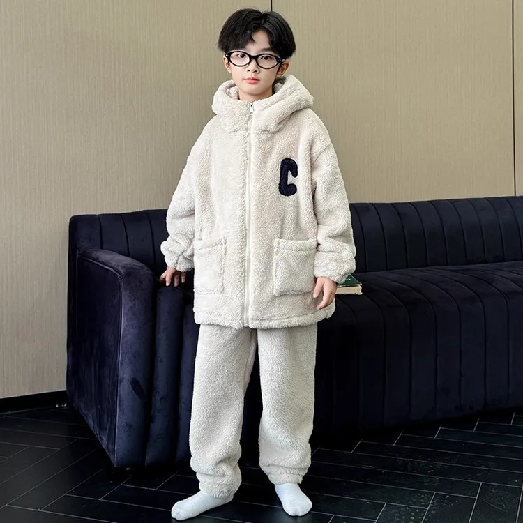 儿童装男童睡衣青少年秋冬款珊瑚绒加绒加厚男孩冬季法兰绒家居服