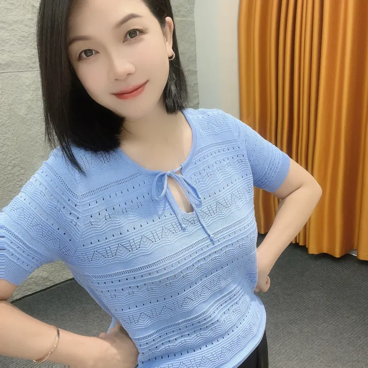 5282夏季新款韩系镂空款【大米家】系带针织衫超薄超凉爽~若隐若现