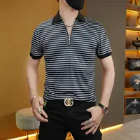 夏季新款网红轻奢潮流个性品质百搭潮牌条纹简约拉链衫领短袖