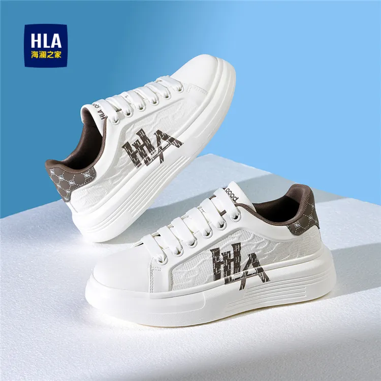 HLA/海澜之家2025印花时尚小白鞋男雕花系带休闲潮流百搭低帮板鞋
