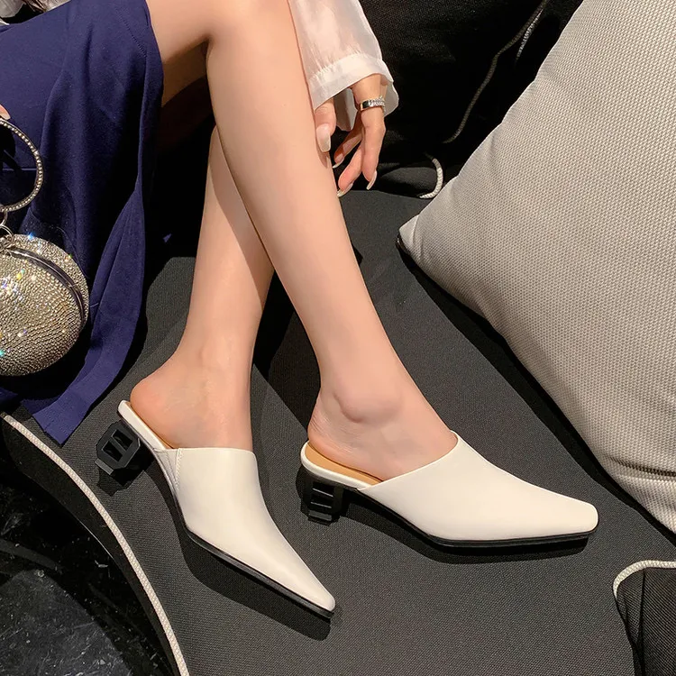 阿丽塔女鞋~5.5cm夏季新款时尚真皮包头拖方头高跟半拖