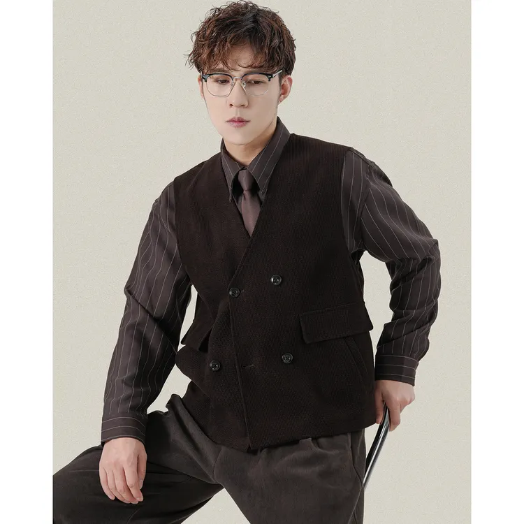老钱风复古灯芯绒纹理质感双排扣马甲男士春秋季V领内搭无袖坎肩