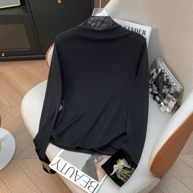 D999-3239【金凤】秋冬新中式刺绣网纱打底衫显瘦修身半高领上衣女