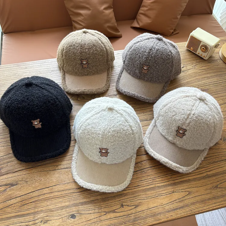 帽子儿童秋冬季保暖加厚毛绒小熊刺绣儿童棒球帽男童帅气鸭舌帽
