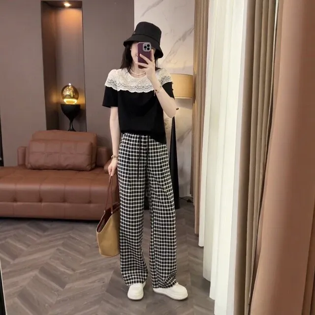 2025夏季新款韩版气质拼接蕾丝T恤上衣女搭高腰格子休闲裤两件套