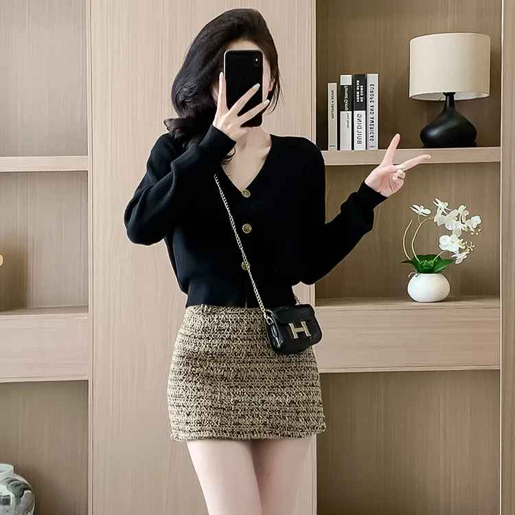 春季搭配一整套小个子针织毛衣高腰短裙职业套装女气质时尚两件套