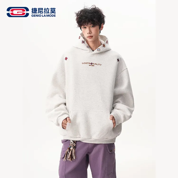 【敖瑞鹏代言】美式设计感刺绣连帽套头卫衣男士冬季潮牌加绒外套男