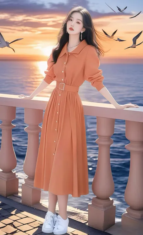 SS1176减龄超火橘色衬衫连衣裙仙女度假风穿搭多巴胺绝美裙