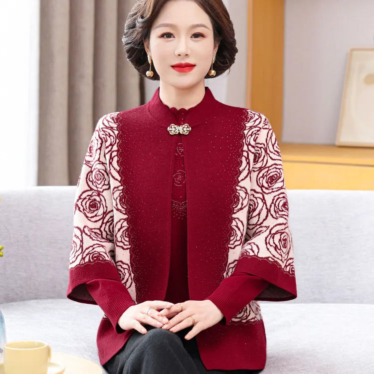中老年女装洋气外套打底衫妈妈装秋冬新款针织两件套上衣毛衣开衫