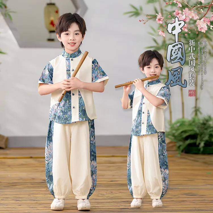 休闲风男民族表演服汉服演出服中国风古装bra男童衬衫儿童长袖