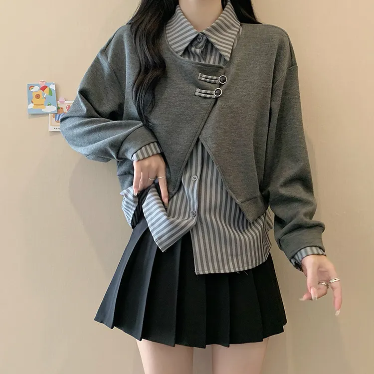 大码女装遮肚子不规则假两件卫衣女春秋胖妹妹显瘦POLO领长袖上衣