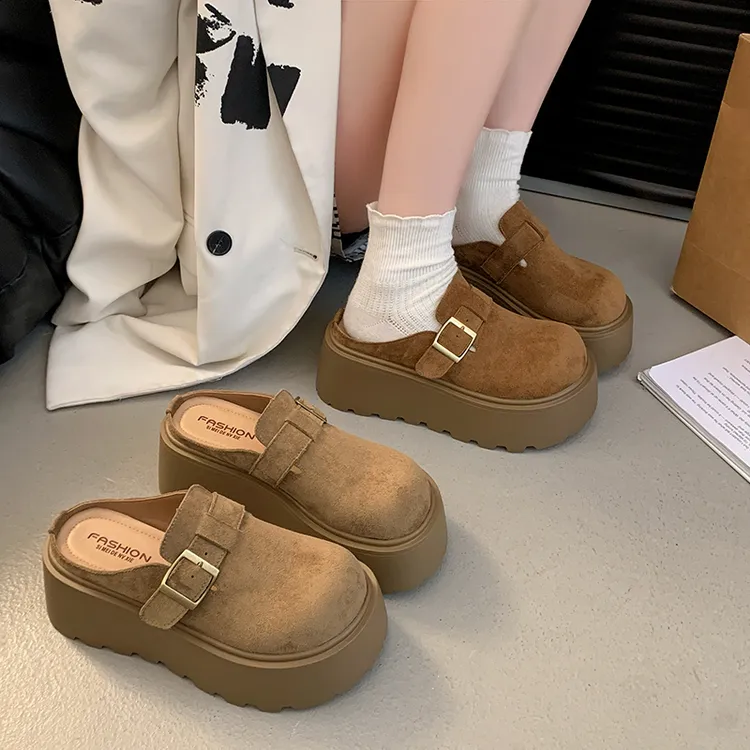 欧洲站2025新款松糕厚底磨砂皮勃肯超轻鞋包头半拖鞋女慵懒外休闲