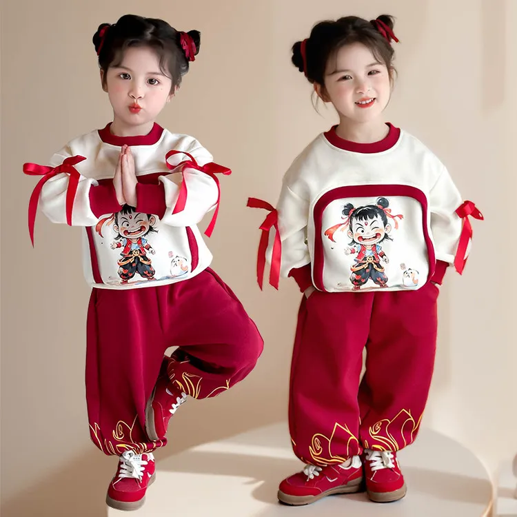 女童套装春秋2025新款洋气儿童卡通休闲卫衣宝宝哪吒中小童两件套