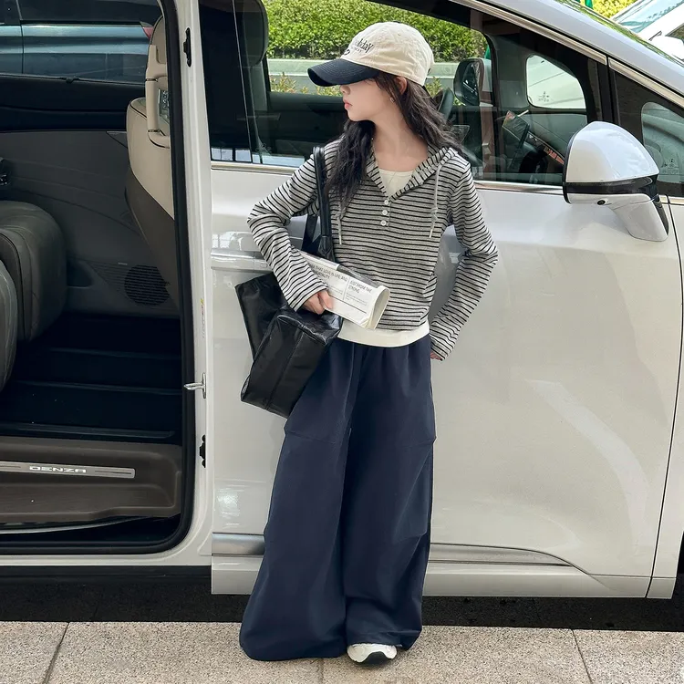 女童条纹帽衫套头卫衣秋季2025新款6-12岁洋气时髦15岁韩版工装裤