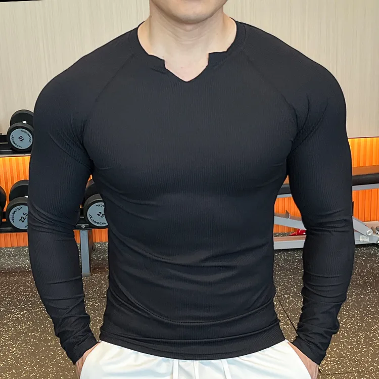 新款男士长袖运动健身上衣跑步训练服休闲长袖T恤高弹休闲春秋