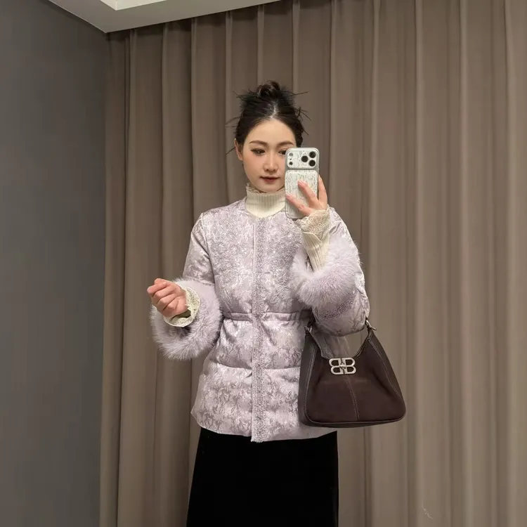 2025新款新中式中长款加厚收腰显瘦重工串珠刺绣轻奢国风棉服外套