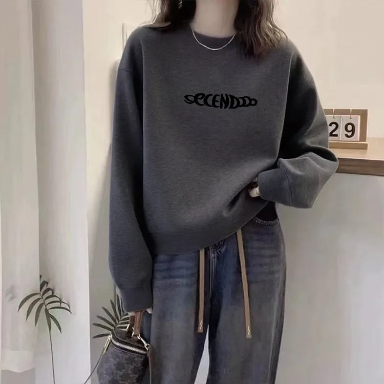 美式圆领短款卫衣女无帽百搭显瘦棉质宽松秋冬常规深灰色女士女式