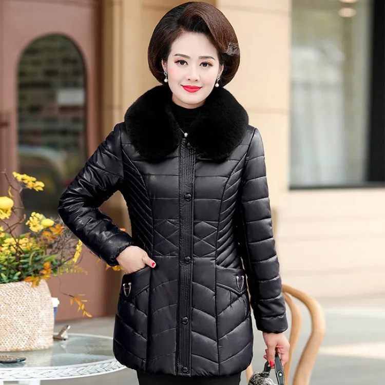 妈妈装棉袄女加绒加厚中长款秋冬装中年服中老年气质PU皮棉衣外套
