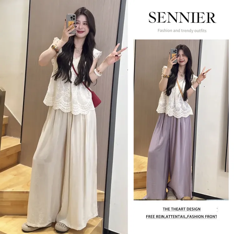 今年流行穿搭一整套2025夏季新款设计感蕾丝无袖上衣休闲裤两件套