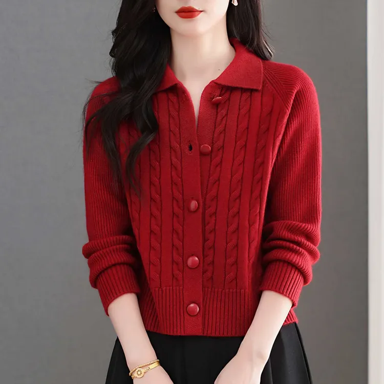 100%纯羊毛羊毛衫翻领开衫针织外套女秋冬2025新款毛衣小个子上衣