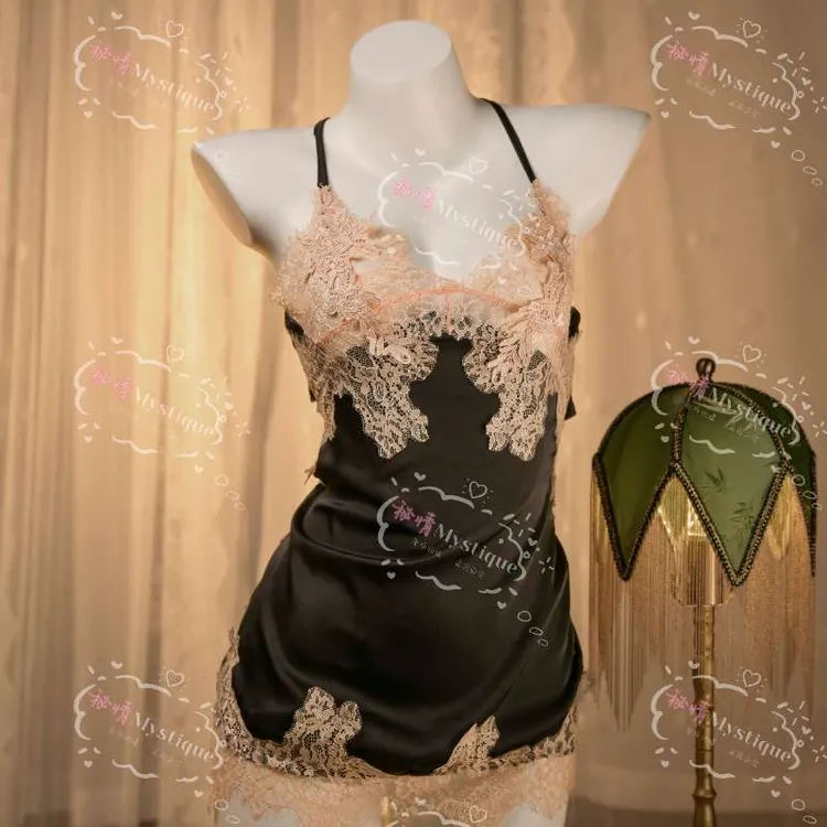 【秘情Mystique】法式蕾丝性感睡裙缎面拼接睡衣套装睡衣女春夏绑带