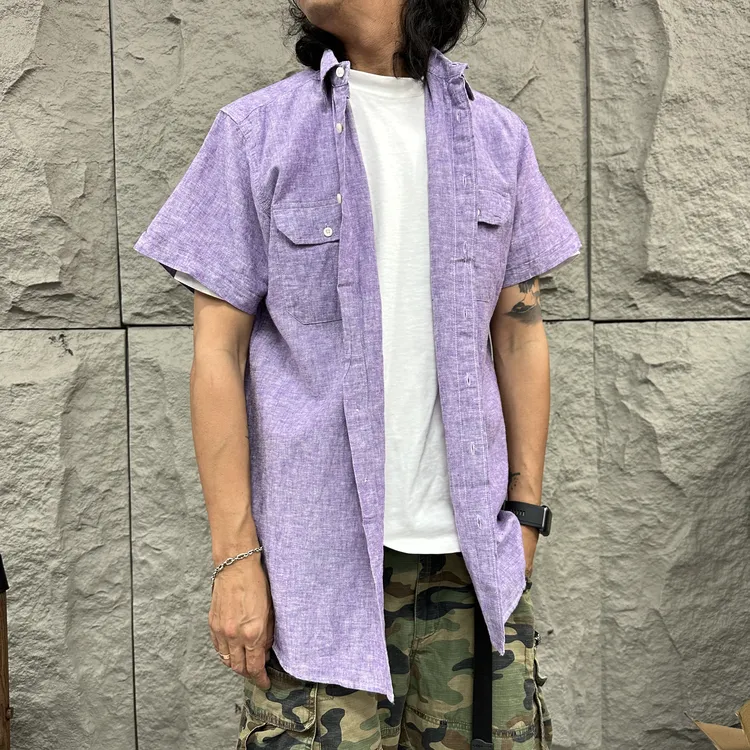 浅紫色外贸男大码亚麻短袖衬衫宽松休闲夏季时尚衬衣 084