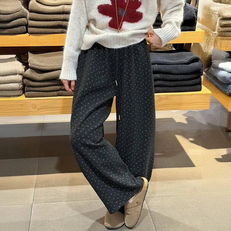 孕妇碎花休闲裤女秋冬加绒大码梨型身材高腰抽绳显瘦孕妇阔腿裤