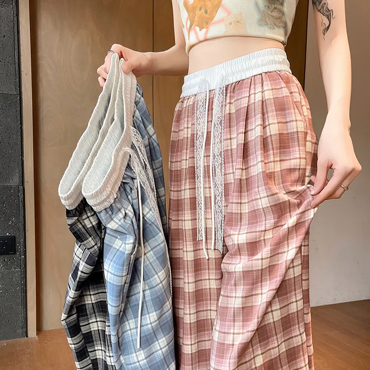 韩系慵懒风格子撞色阔腿裤女春夏新款蕾丝抽绳高腰显瘦休闲拖地裤