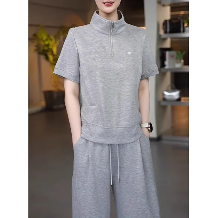时尚运动风套装2025夏季新款半高领上衣宽松遮肉显瘦直筒裤两套