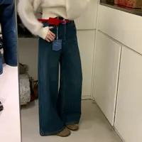 薇莎98551【BR】红皮带腰包加绒加厚韩系气质松弛感阔腿牛仔裤女