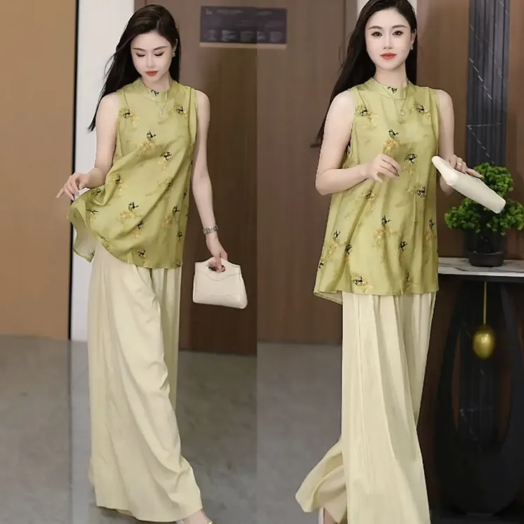 时尚休闲宽松阔腿裤两件套2025夏新款新中式风印花无袖背心套装女