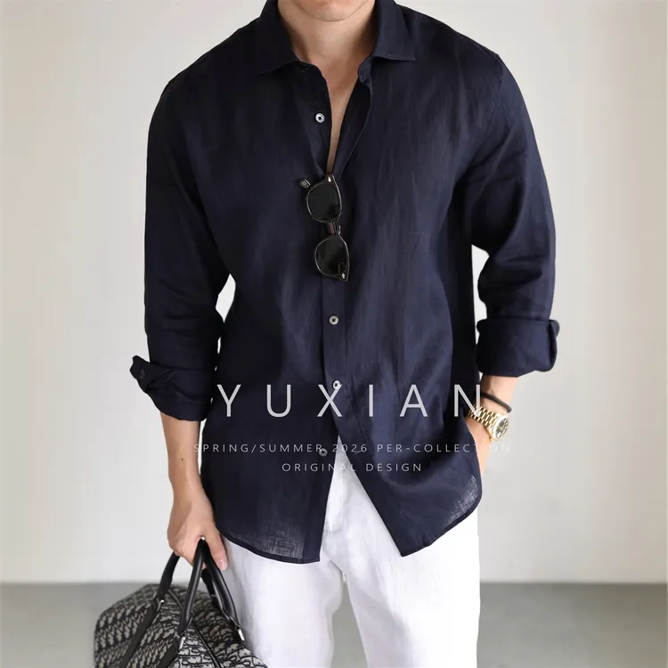 GOYN夏季长袖透气美式复古时尚男士百搭宽松纯色休闲男装轻奢衬衫