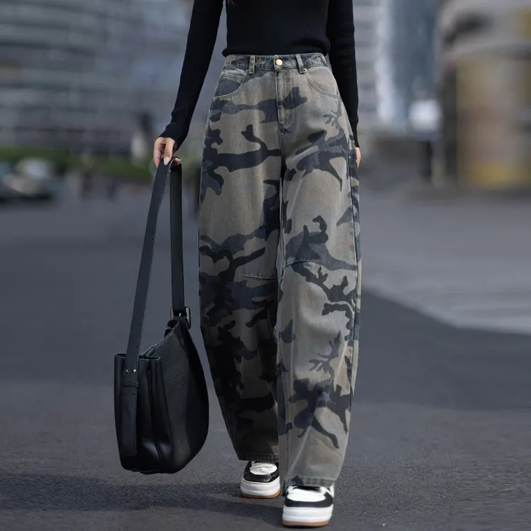 美式复古迷彩弯刀牛仔裤女款爆款2025新款春秋季设计感宽松阔腿裤